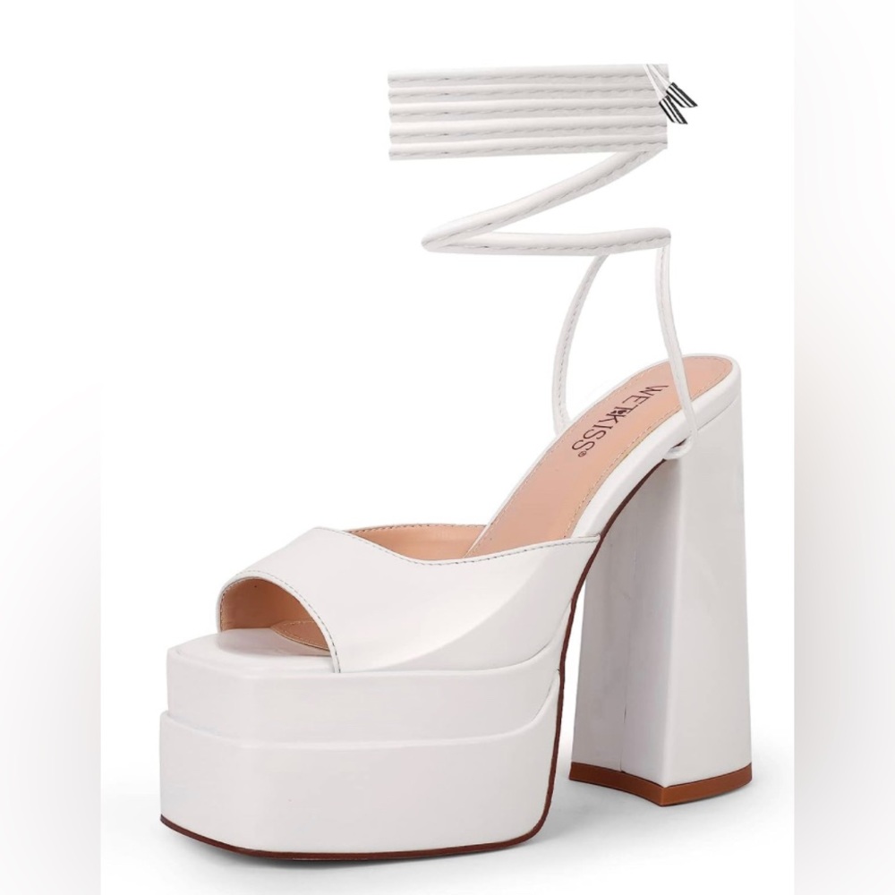 White Lace-up Platform Heels